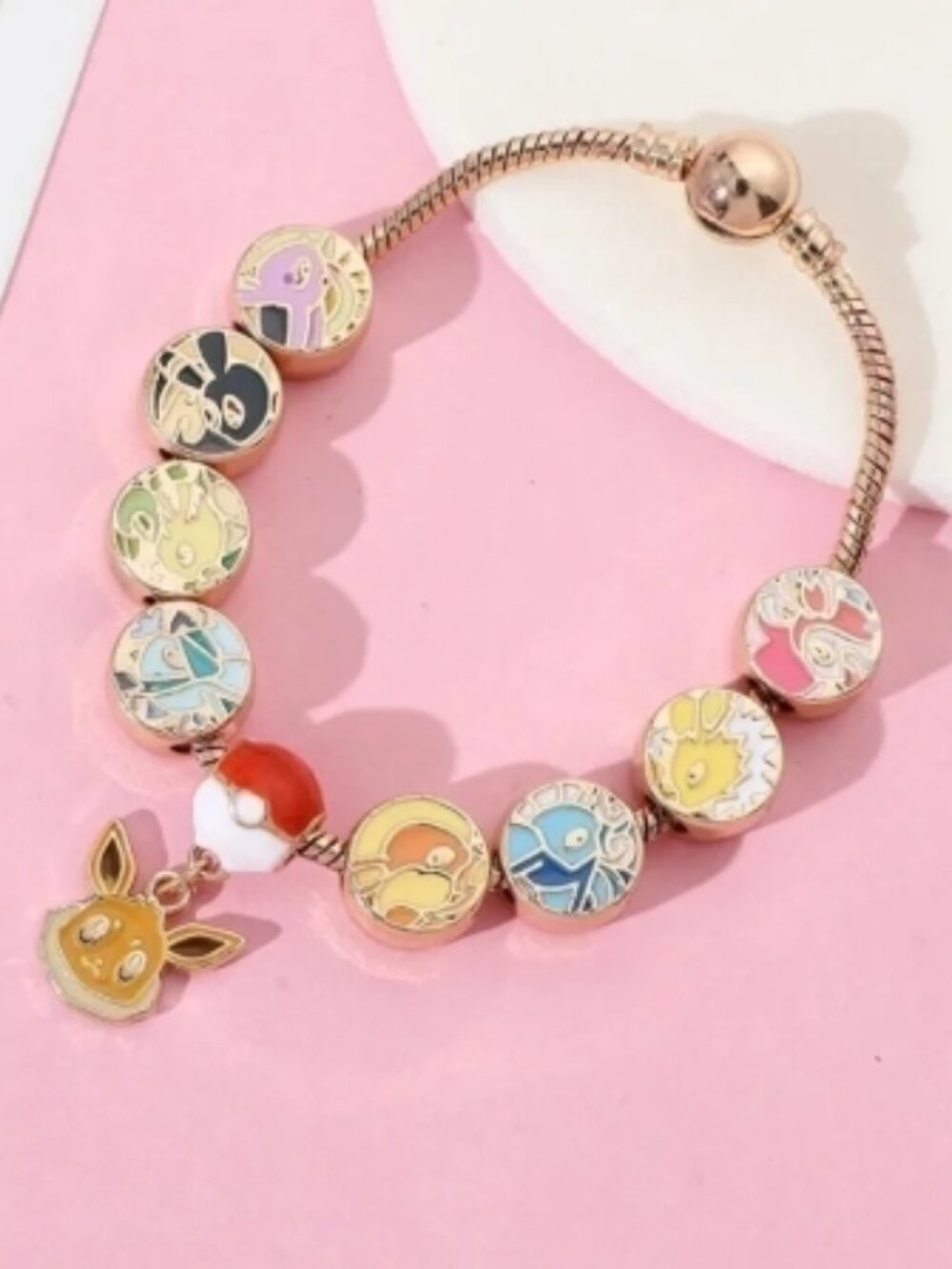 Gold Plated & Enameled Pokémon Eevee Eeveelution Themed Charm Bracelet - Picture 2 of 3